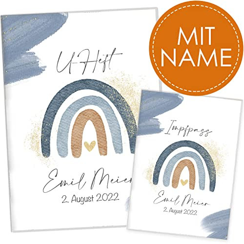 Cozy Racoon U-Heft- und Impfpasshülle | 3- teiliges Set |Hochwertige Hülle für Untersuchungsheft und Impfpass Deines Kindes | Wasserfarben Blau (mit Personalisierung)