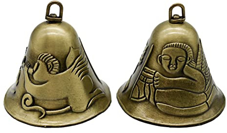 Pinenjoy 2 x Feng Shui Glocke geschnitzt mit Engelsmuster, Vintage-Bronze-Glocke, 6,6 x 6,3 cm, Tempel-Windspiel für Zuhause, Garten, Tür, zum Aufhängen von Glück, Segen, Dekorationen