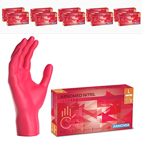 1000 Stück ARNOMED Einweghandschuhe Rot, Einmalhandschuhe L, Nitril Handschuhe Einweg, Nitrilhandschuhe puderfrei, Gummihandschuhe Einweg, Schutzhandschuhe, Handschuhe Nitril in XS, S, M, L, XL