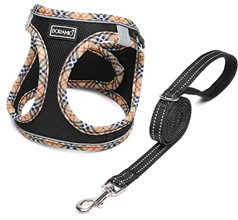 DORAMIO Hundegeschirr Kleine Hunde mit Leine, Step-in Geschirr Reflektierend Atmungsaktiv Brustgeschirr Anti Zug Sicherheitsgeschirr Katzengeschirr für Kleine Hunde, Katzen (Schwarz Gelb, XL)