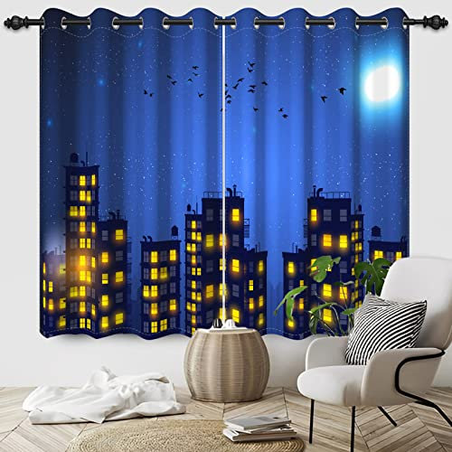 SIEDYCV 53x84inches Superhero City Curtains Humor Cartoon Comic Super Hero City Skyline Buildings Window Drapes 2 Panels Room Darkening Thermal Insulated Window Curtains for Boys Bedroom Living Room