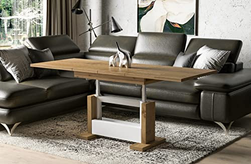 Endo-Moebel Design Couchtisch Kella 110-170 cm Fuss weiß Esstisch erweiterbar & höhenverstellbar Doppellift (Wotan Eiche)