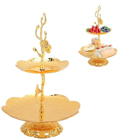 Soporte para Tartas de 2 Pisos, Bandeja de Servicio de Metal Dorado, Soporte para Cupcakes de Postre, Pasteles, Frutas, Aperitivos, Dulces, Bufé Torre de Exhibición para Boda, Hogar, Fiesta
