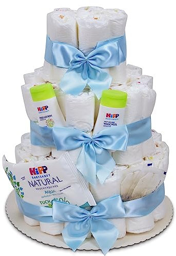 MilaBoo® 3-stöckige Windeltorte Junge mit Premiumprodukten I Geschenk zur Geburt (3-stöckig blau)