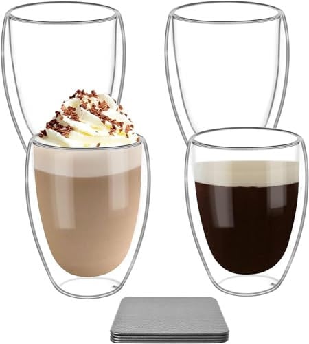 Oinvs Glass Coffee Mugs,Latte Glasses,4x350ml Double Walled Glass Caffee Mugs,Glass Tea Cups,Borosilicate Glass Cups, Heat Resistant, Low Temperature Resistant,Espresso Cup with Coaster