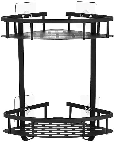 GERUIKE Duschkorb Ohne Bohren Ecke - Duschregal Ohne Bohren Schwarz Matt - Duschablage Ecke Badezimmer Organizer, Duschkörbe Klebepads anstelle Bohren, Aluminium Eckregal Bad 2-Tier