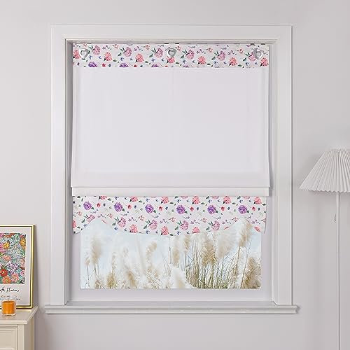 Yujiao Mao Raffrollo ohne Bohren mit Hortensie Muster und Quaste Moderne Landhausstil Ösenraffrollo mit U-Haken 1 Stück, weiß BxH 80x140cm