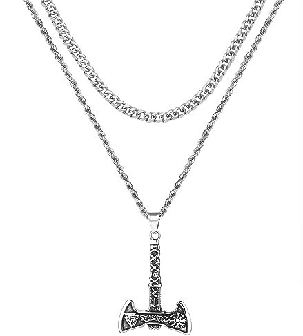OIDEA Wikinger Halskette Herren Axt: Silber Layered Kette mit Axt Anhänger Kubanische Kette & Kordelkette aus Edelstahl viking Schmuck Geschenk für Männer Jungen Vater Sohn Freund
