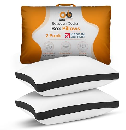 Oliver Bedding Egyptian Cotton Box Pillows 2 Pack- Breathable Hotel Pillows | Best for Side, Back & Stomach Sleepers, Head & Neck Support, Sleeping Comfort & Pain Relief, Machine Washable, Hypoallergenic