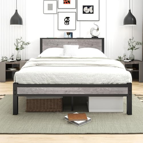 Diahomy Double Bed Metal Platform Bed Frame with Wood Headboard/Mattress Base/Underbed Storage/No Box Spring Needed/Gray/195x135cm