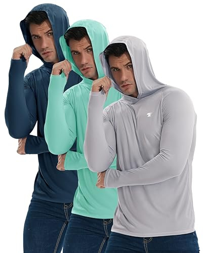 TELALEO 3 Pack Men's UPF 50+ Sun Protection Lightweight Hoodie Performance Long Sleeve SPF UV Shirt for Fishing Running XL