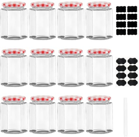 MEETOZ Glass Jam Jars with Lids, 280ml/9oz Hexagonal Storage Glass Jars with Screw Top Red Gingham Lids, Airtight Pickle Jars, Glass Jars for Candle Making, Preserving Jars - Hexagonal Jars