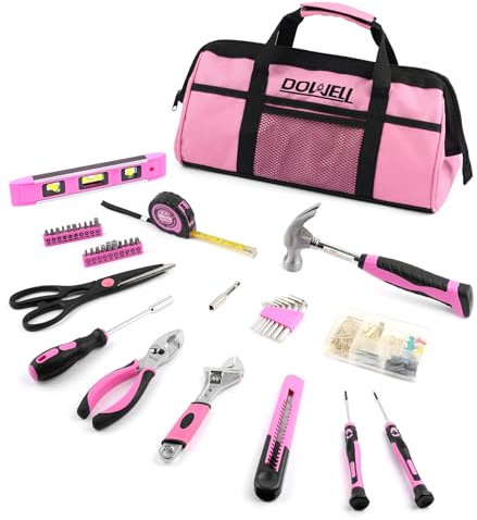 DOWELL Kit di attrezzi rosa da 140 pezzi per donne, ragazze, signore, set di attrezzi per la casa con borsa degli attrezzi da 35,6 cm