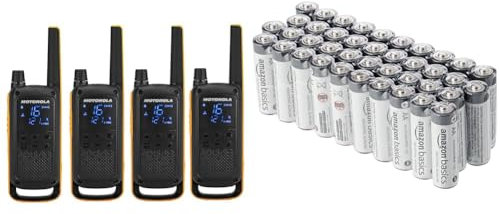 Motorola Talkabout T82 Extreme Quad PMR Funkgerät (Bis zu 10 km Reichweite, IPx4 Wetterschutz, 500 mW, VOX) & Amazon Basics AA Industrie Alkalibatterien, 40 Stück
