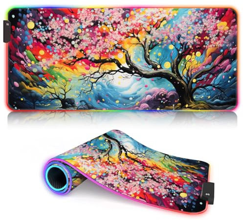 HEYCE Tapis de Souris, Tapis de Souris de Jeu Fleurs de Cerisier vibrantes ROG XXL Tapis de Souris de Jeu Tapis de Souris LED Tapis de Souris étendu (90x40x0,3) cm Accessoires de Bureau