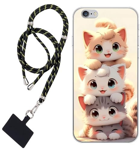 WUACYEAMING Hülle für iPhone 6 / 6S,Mode Chic Muster Ultra Dünn TPU Silikon Schutzhülle Slim Case Cover Niedliche Katze mit großen Augen+1*Tragbares Universal-Lanyard