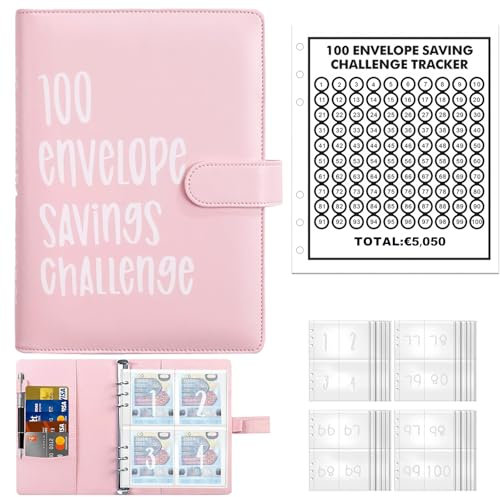 ALLOMN 100 Envelope Saving Challenge Euro, 100 Umschläge Spar Challenge Ordner Geldsparmappe A5 Geldsparbinder Budget Planner zu Sparen 5050€ Budgetordner für Paare, Büros, Zuhause, Schule