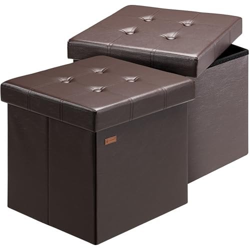 CASARIA® 2x 38cm Square Foldable Stool with Storage Space | Faux Leather with Removable Padded Lid | 38x38cm Ottoman | 40 Litre Capacity Chest | Shoe Accessory Store Box | Set of 2 | Brown
