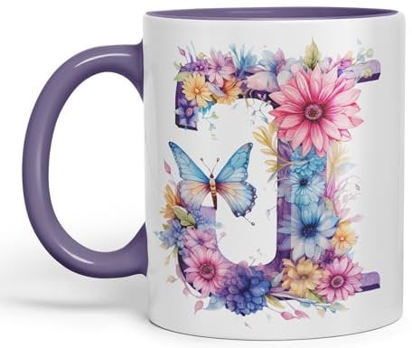 Vixar Letter J Mug, Floral Flowers Butterfly Alphabet Letter J Monogram Watercolour Ceramic Coloured Mug Cup for Tea Coffee Hot Brew 330ml 11Oz Gift (Purple)