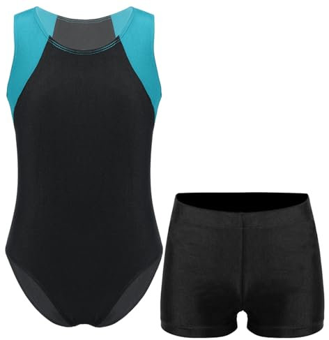 Jowowha Kinder Ballettanzug Jungen Gymnastikanzug Turnanzug Ballett Trikot Leotard Ärmellos Body mit Shorts Gym Sportwear Blau Grün&Schwarz 134-140