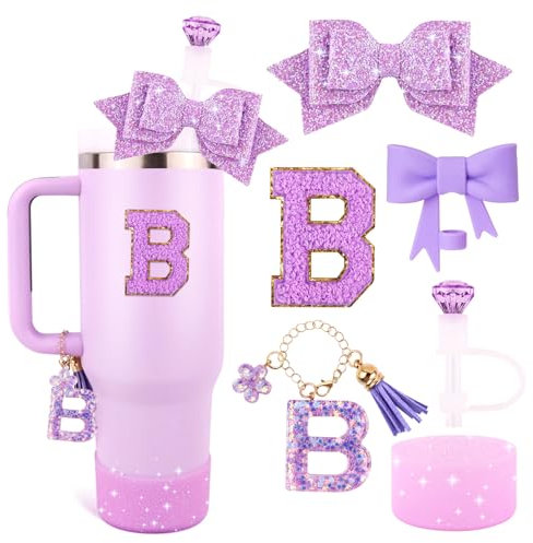 Purple Cup Accessories Set for Stanley 30OZ & 40OZ Tumbler with Handle, Letter Charms, Bow & Diamond Straw Covers, Glitter Silicone Boot, Personalized Sticker for Stanley Cup Accessories (B)