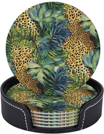 Drink Coasters with Holder 6 Pcs Round Coasters for Drinks Print Animal Leopard Print Jungle Coasters Heat-Resistant Mugs Mat Cup Pad Non-Slip Leather Coasters for Coffee Table Kitchen Bar Decor