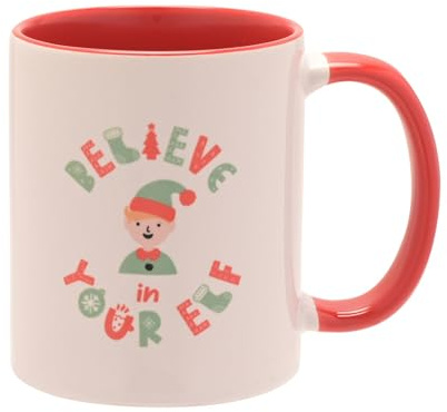 The Seasonal Gift Co - Red Handled Mug - Believe in Your Elf - 11oz / 312ml - Whimsical Christmas Gifting & Homeware Present for Tea, Coffee & Holiday Festive Drinking. | Funny ceramic elf mug with red handle and interior, 312ml size for coffee, tea and festive gifting
