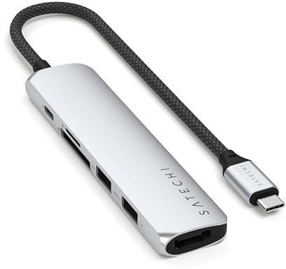 SATECHI Hub USB C 6 in 1 Slim Plus, Adattatore Multiporta con HDMI 4K, Ricarica PD da 100W, 2 Porte USB-A, Lettori Schede SD/microSD, per MacBook, Windows e Dispositivi USB Type-C – Argento
