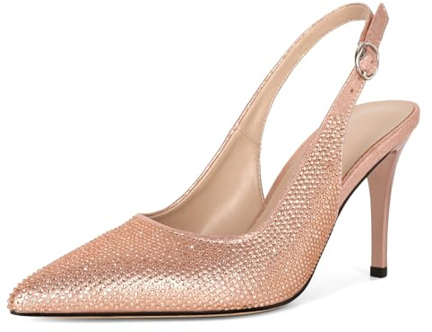 EDEFS Donna Metallizzate con Strass Tacco Alto Slingback 9 cm a Spillo Punta Sottile per Ospiti di Matrimoni e Feste Oro Rosa EU38