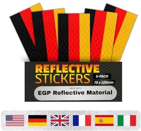 Deutschland Flagge Reflektor Aufkleber | DIN EN 12899 / ASTM D4956 | Hergestellt mit EGP | Selbstklebend wasserfest Sticker Auto LKW Anhänger Motorrad Fahrrad Kinderanhänger (Set 5, 75x125 mm)