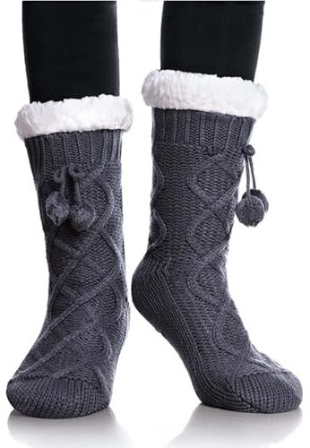 Classic Knit Slipper Socks for Women – Long Fleece-Lined Boot Socks, Non-Slip Cosy House Socks for Winter Warmth & Comfort (Dark Grey, Adult, Women, One Size, Alpha, UK Footwear Size System, Medium)