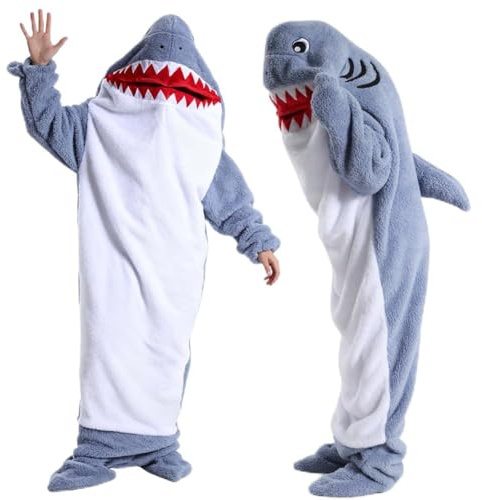 FARYODI Hai Decke Hoodie mit Ärmeln S-XXL, Hai Schlafsack Decken Hoodie mit Kapuze, Shark Flanell Overall mit Füßen, Shark Blanket Flanell Geschenk für Cartoon Pyjama Partys
