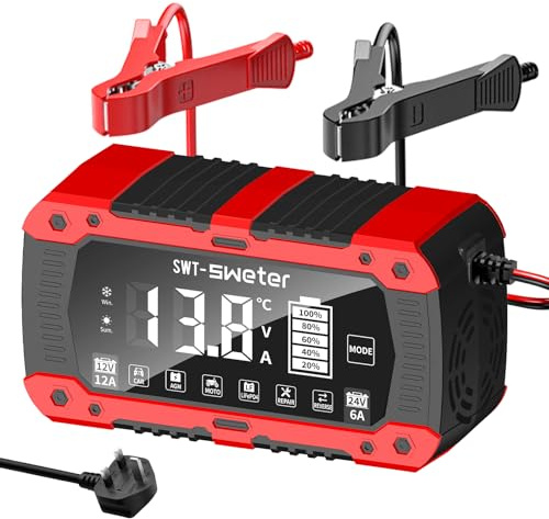 SWTsweter 12A Car Battery Charger, 12V/24V Lifepo4 Lead Acid Battery Charger, Upgraded Automobile Smart Trickle Battery Maintainer for AGM, Car Motorcycle Boat Caravan