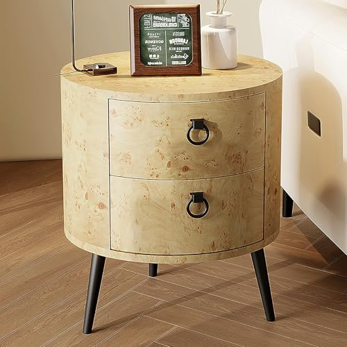 OPULENTHOME Table d'appoint Bois,Table côté canapé Ronde avec 2 tiroirs,Table de Chevet Design Moderne avec Pieds Métalliques Triangulaires,Table de Nuit pour Salon, Chambre(47 x 47 x 55 cm,Blanc)