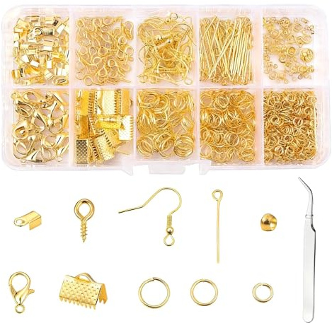Sotbnna 710-teiliges Schmuck Selber Machen Set,golden,mit Ohrhaken und Box | Goldfarbenes Ohrringe Selber Machen Set; Biegeringe und Verschlüsse; für Schmuckherstellung und Reparatur