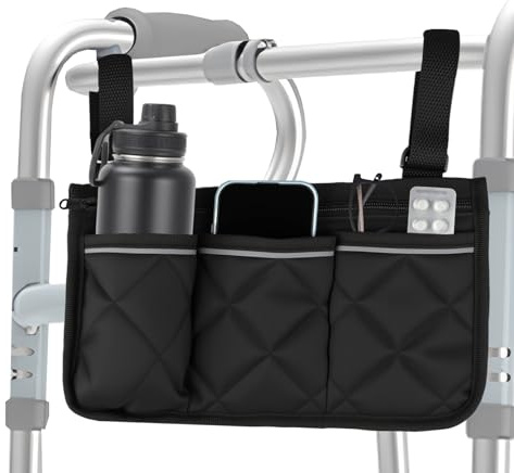 Wheelchair Side Bag Armrest Storage Pouch with Cup Holder Reflective Strip Adjustable Hook Loop Straps Walker Frame Bag Waterproof for Most Wheelchairs Walkers Rollators Seniors Mobility Aid Accessory
