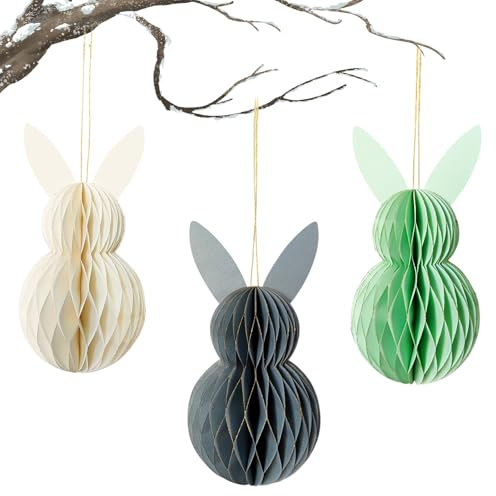 XQMMGO 3 Stück Osterdeko Wabenhase Set, Osterhase Wabenball zum Aufhängen 20cm, Wiederverwendbar Osterdekoration, 3D Hase Wabenbälle, für Osterstrauch, Wabenfigur Frühlingsdeko (Gemischte Farben)