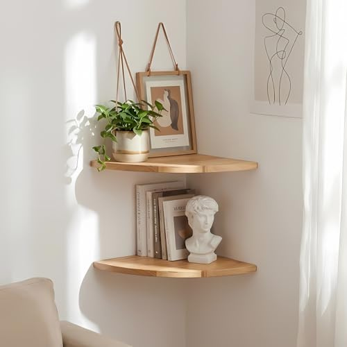 SUNNYNEST Solid Oak Wood Corner Shelf Wall Mounted, (22 * 22CM, 2 PCS), Floating Round End Corner Shelf with Cable Hole, Rustic 90° Corner Wall Shelf for Speaker, Small Plants, Photo Frames, Bedroom