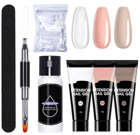 Poly Gel Nail Kit - 3 Colours Clear Nude Poly Nail Extension Kit - Nail Builder Gel Kit with Slip Solution for Polygel Nails - Polygel Nail Kit Nail Art DIY for Women