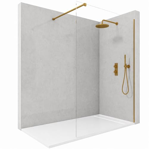 NEBADOON Mampara Ducha Fija 60 Cristal Templado 8mm Antical Oro | Altura 200 cm, panel walk, perfil fino, vidrio de seguridad, brazo extensible y orientable, reversible, garantía 3 años