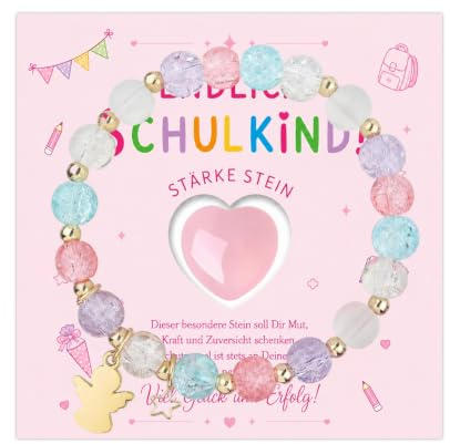 Mutstein Einschulung Set mit Armband, Einschulung Mädchen Geschenk | Rosa Quarz Herz Stein, Schulkind 2026 Mädchen, Glücksbringer Schulanfang, Einschulung Geschenk Mädchen