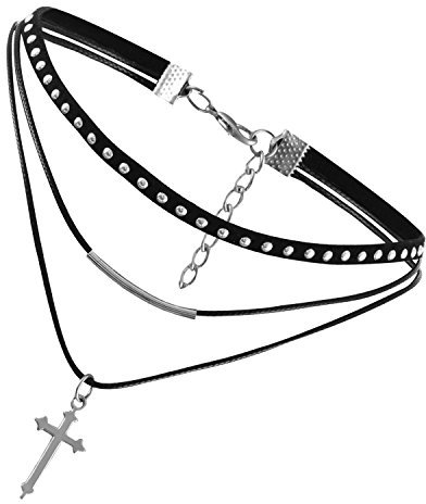 Flongo Damen Choker Halskette Leder Samt Halsband Velvet schwarz mit silber Kreuz Cross Anhänger Punk Gothic Kette Lederband Verstellbar für Mädchen Herren Frauen Halloween Kleid Kostüm