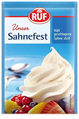 RUF Sahnefest hält geschlagene Sahne steif, verzögert als Pulver angewendet das Durchweichen von Obstböden, glutenfrei und vegan laut Rezeptur