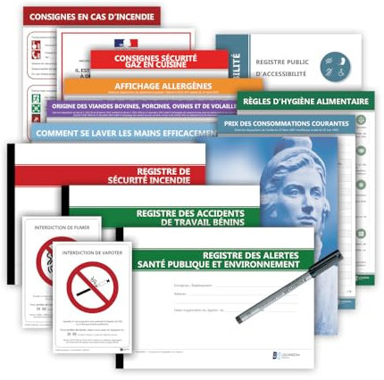 Pack de mise en conformité Restaurants - 11 Affichages et 4 Registres obligatoires avec 1 stylo-feutre offert - Édition 2025 - Kit de fixation inclus - Fabriqués en France - LEGIMEDIA ÉDITIONS