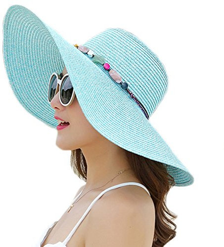 Adrinfly Chapeau de paille pliable à large bord pour femme - Accessoire de plage - Protection UV UPF 50+, bleu ciel, Taille unique