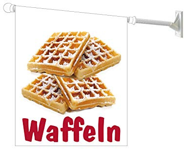Werbeflagge (Fahne mit Über 50 Varianten, Text und Bild, z.B. Eis, Döner, Kaffee, Crepes, Waffeln, Pommes uvm.) Ideal für Kiosk, Restaurant oder Kirmes, weiß (Waffeln)
