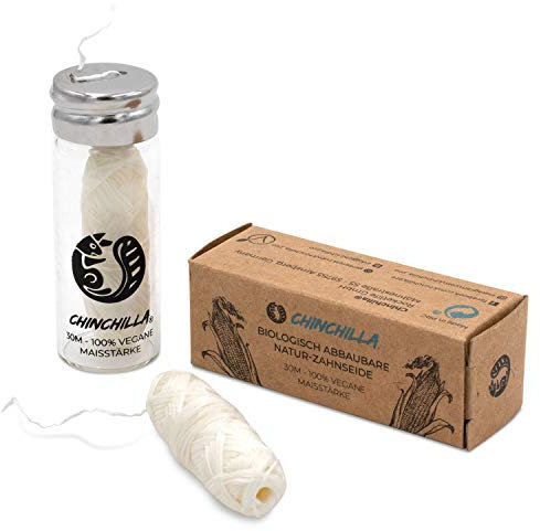 Chinchilla® Vegan Filo interdentale compostabile - Alternativa senza plastica ed ecologica per la cura dentale – 30m di filo interdentale naturale al sapore di menta in confezione ricaricabile