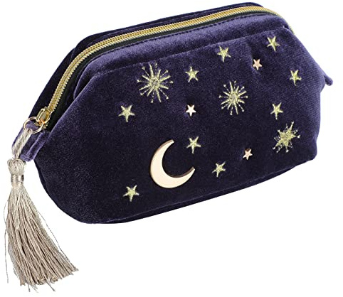Praktische Kosmetiktasche, marineblauer Samt, bestickte Applikation, Mondsterne, Sonne, Kosmetiktasche, SternenMakeupTasche mit Quasten und PerlenReißverschluss, KosmetikerinAufbewahrungstasche,