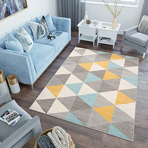 TAPISO Lazur Teppich Kurzflor Geometrisch Dreieck Grau Creme Türkis Orange Wohnzimmer SchlafzimmerModern Design ÖKOTEX 300 x 400 cm
