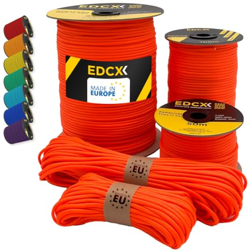 EdcX Paracord 4mm, 35+ Colori Solidi (10m, 15m, 30m, 50m, 100m, 300m) | Ideale per Campeggio, Sopravvivenza | Paracord 550 | Corda 100% Nylon 4 mm | (Sofit Orange, 100 m)